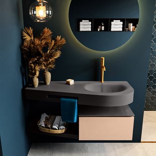 MONDIAZ RIVA 120cm badmeubel onderkast / planchet kleur Rosee met 1 lade. Wastafel DULCET rechts 1 kraangat kleur Dark_Grey.