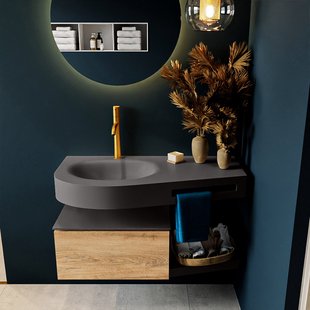 MONDIAZ RIVA 100cm badmeubel onderkast / planchet kleur Washed_Oak met 1 lade. Wastafel DULCET links 1 kraangat kleur Dark_Grey.