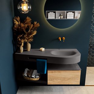 MONDIAZ RIVA 120cm badmeubel onderkast / planchet kleur Washed_Oak met 1 lade. Wastafel DULCET rechts 0 kraangaten kleur Dark_Grey.