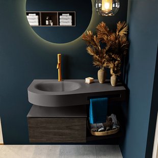 MONDIAZ RIVA 100cm badmeubel onderkast / planchet kleur Dark_Brown met 1 lade. Wastafel DULCET links 1 kraangat kleur Dark_Grey.