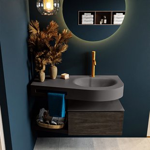 MONDIAZ RIVA 100cm badmeubel onderkast / planchet kleur Dark_Brown met 1 lade. Wastafel DULCET rechts 1 kraangat kleur Dark_Grey.