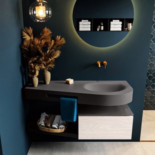 MONDIAZ RIVA 120cm badmeubel onderkast / planchet kleur Underlayment met 1 lade. Wastafel DULCET rechts 0 kraangaten kleur Dark_Grey.