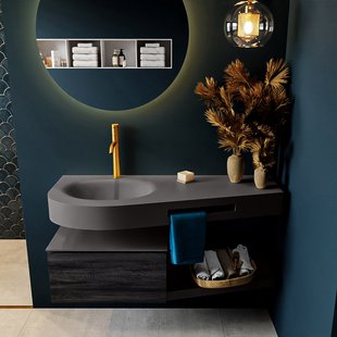 MONDIAZ RIVA 120cm badmeubel onderkast / planchet kleur Antracite met 1 lade. Wastafel DULCET links 1 kraangat kleur Dark_Grey.