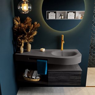 MONDIAZ RIVA 120cm badmeubel onderkast / planchet kleur Antracite met 1 lade. Wastafel DULCET rechts 1 kraangat kleur Dark_Grey.