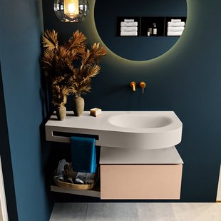 MONDIAZ RIVA 100cm badmeubel onderkast / planchet kleur Rosee met 1 lade. Wastafel DULCET rechts 0 kraangaten kleur Linen.