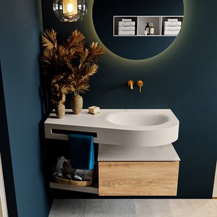 MONDIAZ RIVA 100cm badmeubel onderkast / planchet kleur Washed_Oak met 1 lade. Wastafel DULCET rechts 0 kraangaten kleur Linen.
