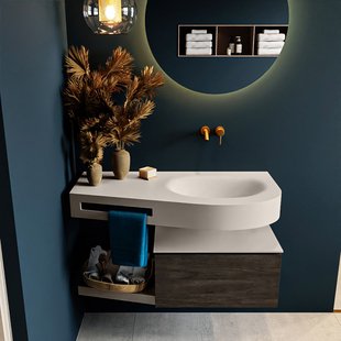 MONDIAZ RIVA 100cm badmeubel onderkast / planchet kleur Dark_Brown met 1 lade. Wastafel DULCET rechts 0 kraangaten kleur Linen.