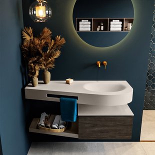 MONDIAZ RIVA 120cm badmeubel onderkast / planchet kleur Dark_Brown met 1 lade. Wastafel DULCET rechts 0 kraangaten kleur Linen.