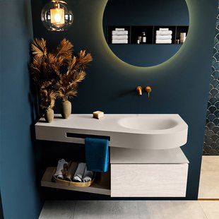 MONDIAZ RIVA 120cm badmeubel onderkast / planchet kleur Underlayment met 1 lade. Wastafel DULCET rechts 0 kraangaten kleur Linen.