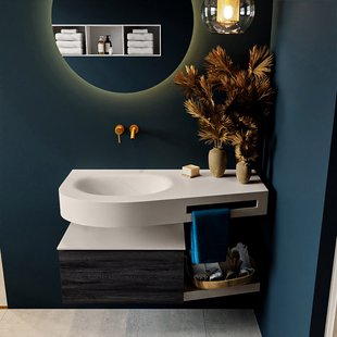 MONDIAZ RIVA 100cm badmeubel onderkast / planchet kleur Antracite met 1 lade. Wastafel DULCET links 0 kraangaten kleur Linen.