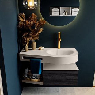 MONDIAZ RIVA 100cm badmeubel onderkast / planchet kleur Antracite met 1 lade. Wastafel DULCET rechts 1 kraangat kleur Linen.