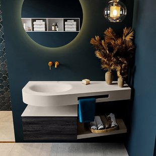 MONDIAZ RIVA 120cm badmeubel onderkast / planchet kleur Antracite met 1 lade. Wastafel DULCET links 0 kraangaten kleur Linen.