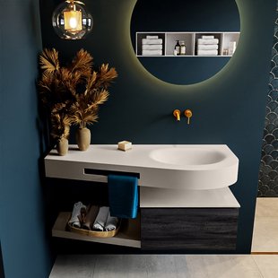 MONDIAZ RIVA 120cm badmeubel onderkast / planchet kleur Antracite met 1 lade. Wastafel DULCET rechts 0 kraangaten kleur Linen.