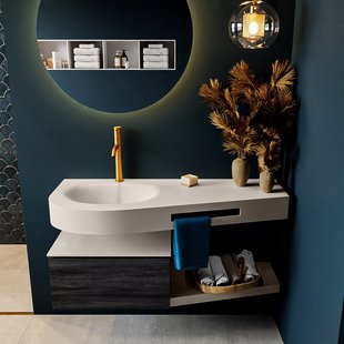 MONDIAZ RIVA 120cm badmeubel onderkast / planchet kleur Antracite met 1 lade. Wastafel DULCET links 1 kraangat kleur Linen.