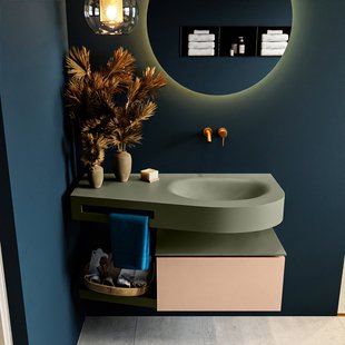 MONDIAZ RIVA 100cm badmeubel onderkast / planchet kleur Rosee met 1 lade. Wastafel DULCET rechts 0 kraangaten kleur Army.