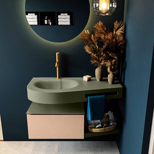 MONDIAZ RIVA 100cm badmeubel onderkast / planchet kleur Rosee met 1 lade. Wastafel DULCET links 1 kraangat kleur Army.