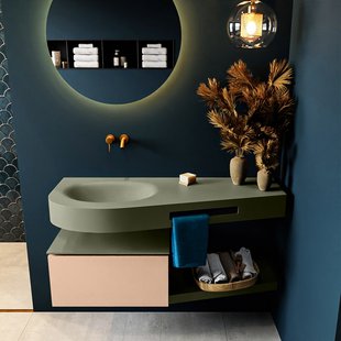 MONDIAZ RIVA 120cm badmeubel onderkast / planchet kleur Rosee met 1 lade. Wastafel DULCET links 0 kraangaten kleur Army.