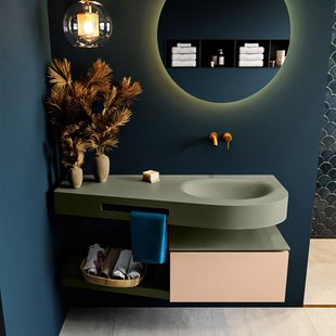 MONDIAZ RIVA 120cm badmeubel onderkast / planchet kleur Rosee met 1 lade. Wastafel DULCET rechts 0 kraangaten kleur Army.