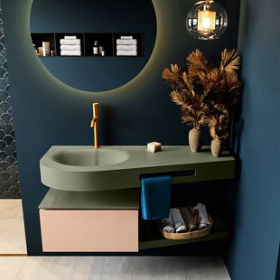 MONDIAZ RIVA 120cm badmeubel onderkast / planchet kleur Rosee met 1 lade. Wastafel DULCET links 1 kraangat kleur Army.