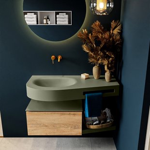 MONDIAZ RIVA 100cm badmeubel onderkast / planchet kleur Washed_Oak met 1 lade. Wastafel DULCET links 0 kraangaten kleur Army.
