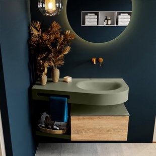 MONDIAZ RIVA 100cm badmeubel onderkast / planchet kleur Washed_Oak met 1 lade. Wastafel DULCET rechts 0 kraangaten kleur Army.