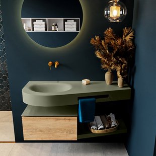 MONDIAZ RIVA 120cm badmeubel onderkast / planchet kleur Washed_Oak met 1 lade. Wastafel DULCET links 0 kraangaten kleur Army.