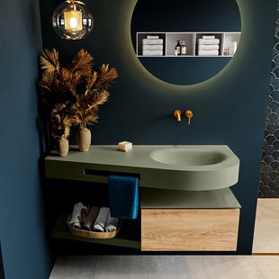 MONDIAZ RIVA 120cm badmeubel onderkast / planchet kleur Washed_Oak met 1 lade. Wastafel DULCET rechts 0 kraangaten kleur Army.