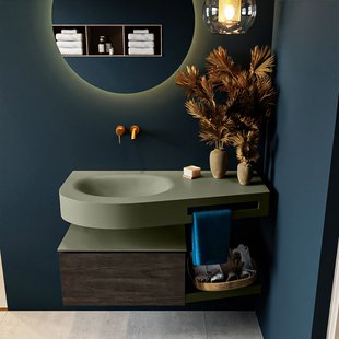 MONDIAZ RIVA 100cm badmeubel onderkast / planchet kleur Dark_Brown met 1 lade. Wastafel DULCET links 0 kraangaten kleur Army.