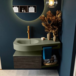 MONDIAZ RIVA 100cm badmeubel onderkast / planchet kleur Dark_Brown met 1 lade. Wastafel DULCET links 1 kraangat kleur Army.