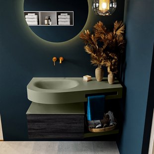 MONDIAZ RIVA 100cm badmeubel onderkast / planchet kleur Antracite met 1 lade. Wastafel DULCET links 0 kraangaten kleur Army.