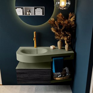 MONDIAZ RIVA 100cm badmeubel onderkast / planchet kleur Antracite met 1 lade. Wastafel DULCET links 1 kraangat kleur Army.