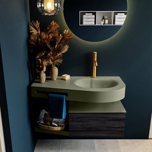 MONDIAZ RIVA 100cm badmeubel onderkast / planchet kleur Antracite met 1 lade. Wastafel DULCET rechts 1 kraangat kleur Army.