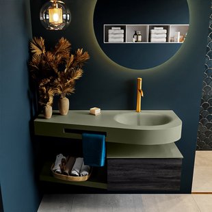 MONDIAZ RIVA 120cm badmeubel onderkast / planchet kleur Antracite met 1 lade. Wastafel DULCET rechts 1 kraangat kleur Army.