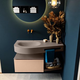 MONDIAZ RIVA 100cm badmeubel onderkast / planchet kleur Rosee met 1 lade. Wastafel DULCET links 0 kraangaten kleur Smoke.