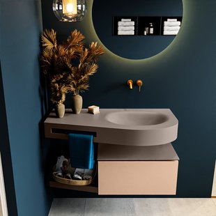 MONDIAZ RIVA 100cm badmeubel onderkast / planchet kleur Rosee met 1 lade. Wastafel DULCET rechts 0 kraangaten kleur Smoke.