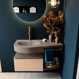 MONDIAZ RIVA 100cm badmeubel onderkast / planchet kleur Rosee met 1 lade. Wastafel DULCET links 1 kraangat kleur Smoke.