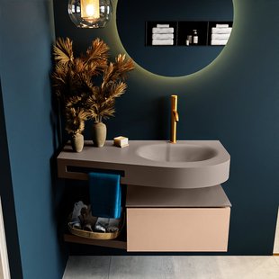 MONDIAZ RIVA 100cm badmeubel onderkast / planchet kleur Rosee met 1 lade. Wastafel DULCET rechts 1 kraangat kleur Smoke.