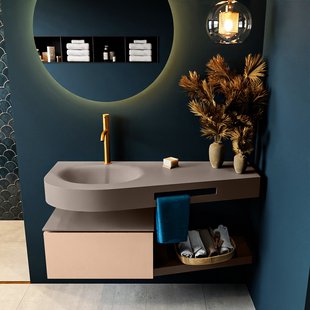 MONDIAZ RIVA 120cm badmeubel onderkast / planchet kleur Rosee met 1 lade. Wastafel DULCET links 1 kraangat kleur Smoke.