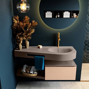 MONDIAZ RIVA 120cm badmeubel onderkast / planchet kleur Rosee met 1 lade. Wastafel DULCET rechts 1 kraangat kleur Smoke.