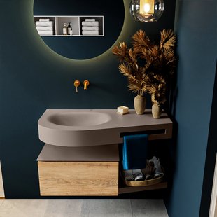MONDIAZ RIVA 100cm badmeubel onderkast / planchet kleur Washed_Oak met 1 lade. Wastafel DULCET links 0 kraangaten kleur Smoke.