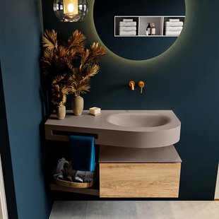 MONDIAZ RIVA 100cm badmeubel onderkast / planchet kleur Washed_Oak met 1 lade. Wastafel DULCET rechts 0 kraangaten kleur Smoke.