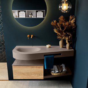 MONDIAZ RIVA 120cm badmeubel onderkast / planchet kleur Washed_Oak met 1 lade. Wastafel DULCET links 0 kraangaten kleur Smoke.