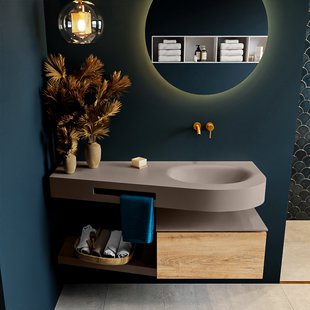 MONDIAZ RIVA 120cm badmeubel onderkast / planchet kleur Washed_Oak met 1 lade. Wastafel DULCET rechts 0 kraangaten kleur Smoke.