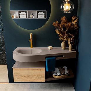 MONDIAZ RIVA 120cm badmeubel onderkast / planchet kleur Washed_Oak met 1 lade. Wastafel DULCET links 1 kraangat kleur Smoke.