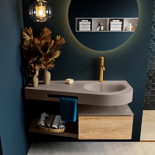 MONDIAZ RIVA 120cm badmeubel onderkast / planchet kleur Washed_Oak met 1 lade. Wastafel DULCET rechts 1 kraangat kleur Smoke.