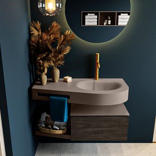 MONDIAZ RIVA 100cm badmeubel onderkast / planchet kleur Dark_Brown met 1 lade. Wastafel DULCET rechts 1 kraangat kleur Smoke.