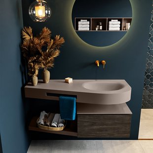 MONDIAZ RIVA 120cm badmeubel onderkast / planchet kleur Dark_Brown met 1 lade. Wastafel DULCET rechts 0 kraangaten kleur Smoke.