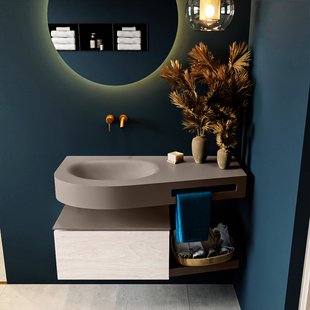 MONDIAZ RIVA 100cm badmeubel onderkast / planchet kleur Underlayment met 1 lade. Wastafel DULCET links 0 kraangaten kleur Smoke.