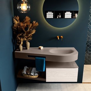 MONDIAZ RIVA 120cm badmeubel onderkast / planchet kleur Underlayment met 1 lade. Wastafel DULCET rechts 0 kraangaten kleur Smoke.