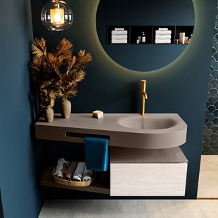 MONDIAZ RIVA 120cm badmeubel onderkast / planchet kleur Underlayment met 1 lade. Wastafel DULCET rechts 1 kraangat kleur Smoke.